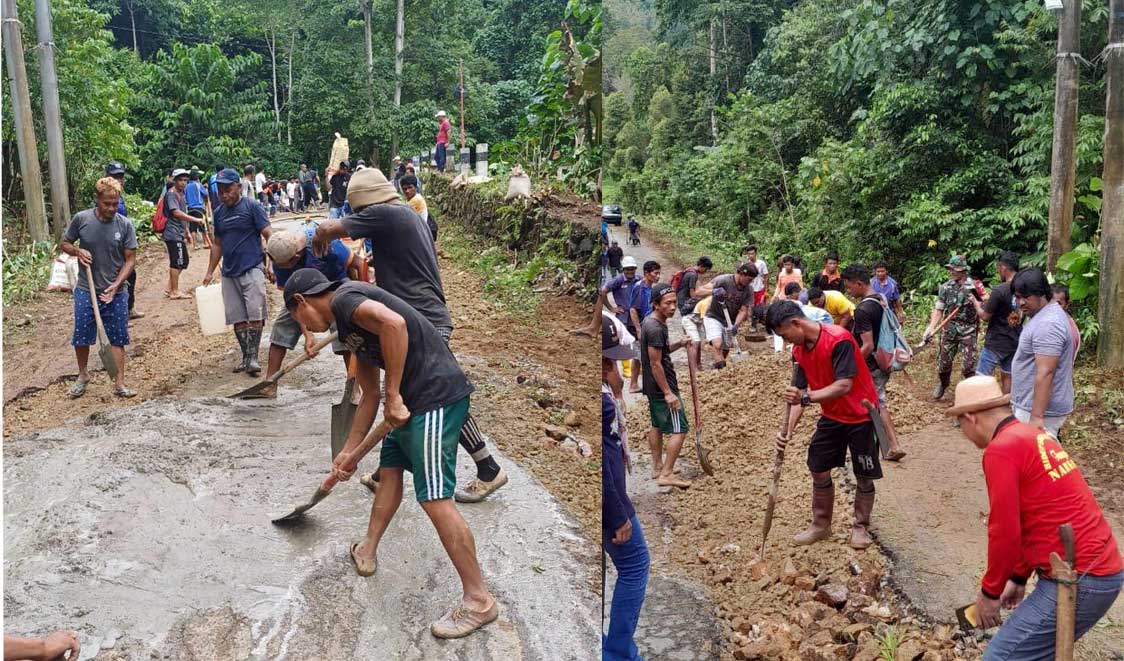 Camat Nuangan bersama jajaran sangadi, anggota Tripika, dan masyarakat gotong royong melakukan penimbunan jalan berlubang di ruas Matabulu–Jiko Belanga, Rabu 23 April 2025.