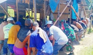 Bupati Boltim, Oskar Manopo (kaos putih bergaris hitam, topi putih), bersama warga dan relawan lainnya sedang mengangkat rumah yang terancam ambruk akibat pengikisan tebing sungai. Aksi gotong royong ini menggambarkan solidaritas masyarakat dalam menghadapi bencana banjir di Panang Desa Kotabunan.