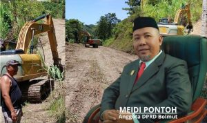 Meidi Pontoh yang menggunakan dana pribadi untuk memperbaiki jalan yang rusak parah dan memfasilitasi akses bagi petani setempat. Foto ini juga memperlihatkan alat berat yang digunakan untuk menimbun dan meratakan jalan yang telah lama dikeluhkan warga.