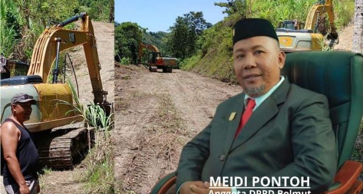 Meidi Pontoh yang menggunakan dana pribadi untuk memperbaiki jalan yang rusak parah dan memfasilitasi akses bagi petani setempat. Foto ini juga memperlihatkan alat berat yang digunakan untuk menimbun dan meratakan jalan yang telah lama dikeluhkan warga.