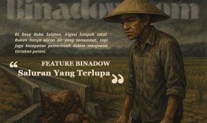 Saluran-yang-Terlupa Ilustrasi oleh Binadow Grafis "Saluran yang Terlupa", gambaran petani di tengah sawah tanpa aliran air.
