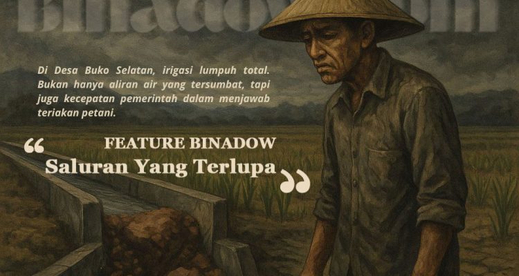 Ilustrasi oleh Binadow Grafis "Saluran yang Terlupa", gambaran petani di tengah sawah tanpa aliran air.