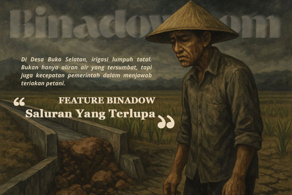Ilustrasi oleh Binadow Grafis "Saluran yang Terlupa", gambaran petani di tengah sawah tanpa aliran air.