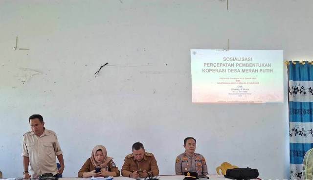 Sangadi Matabulu menghadiri sosialisasi pembentukan Koperasi Desa Merah Putih di Aula Kantor Kecamatan Nuangan.