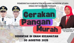 Banner kegiatan Gerakan Pangan Murah (GPM) Serentak Nasional 2025 yang akan digelar Pemerintah Kabupaten Bolaang Mongondow Utara melalui Dinas Ketahanan Pangan di enam kecamatan pada Sabtu, 30 Agustus 2025.