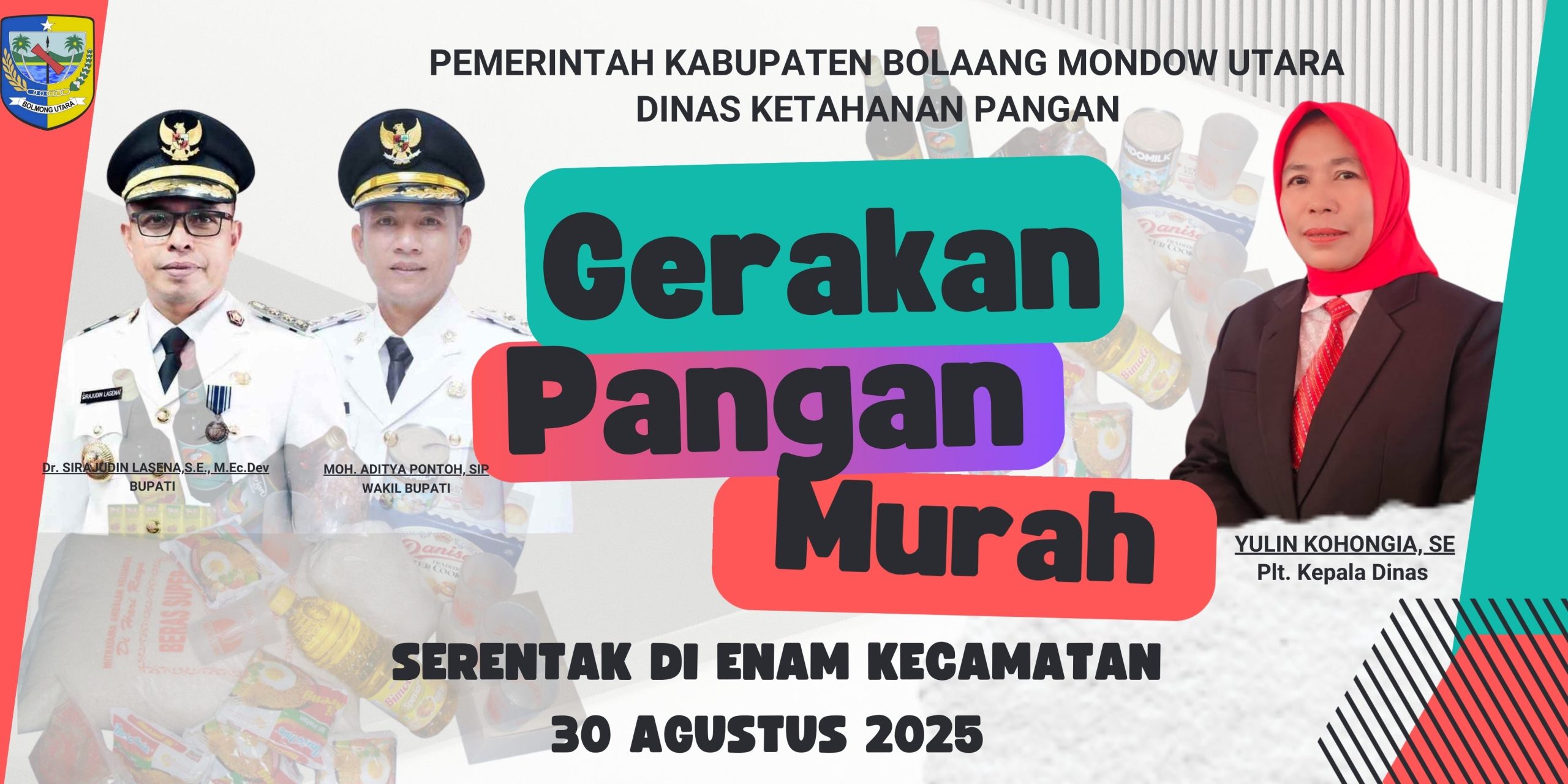 Banner kegiatan Gerakan Pangan Murah (GPM) Serentak Nasional 2025 yang akan digelar Pemerintah Kabupaten Bolaang Mongondow Utara melalui Dinas Ketahanan Pangan di enam kecamatan pada Sabtu, 30 Agustus 2025.