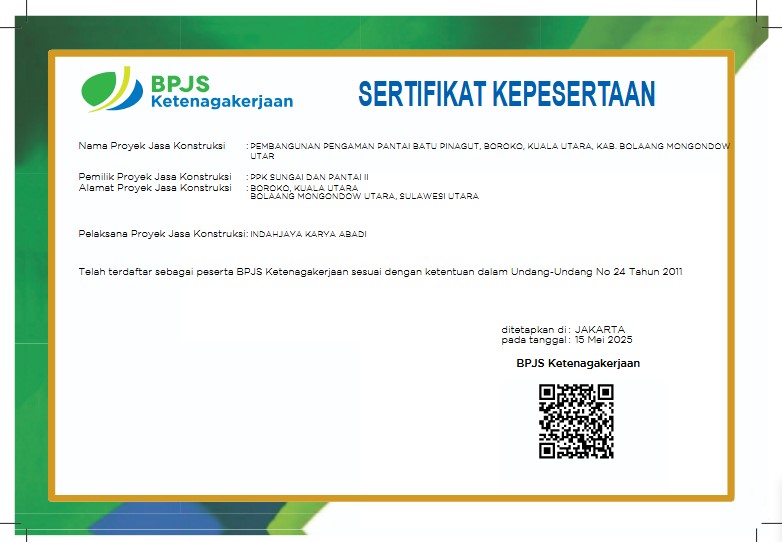 Sertifikat kepesertaan BPJS Ketenagakerjaan proyek pembangunan pengaman pantai Batu Pinagut, diterbitkan 15 Mei 2025. Bukti ini menepis tudingan pekerja tak terdaftar dalam program jaminan sosial.