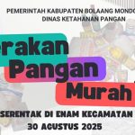Banner kegiatan Gerakan Pangan Murah (GPM) Serentak Nasional 2025 yang akan digelar Pemerintah Kabupaten Bolaang Mongondow Utara melalui Dinas Ketahanan Pangan di enam kecamatan pada Sabtu, 30 Agustus 2025.