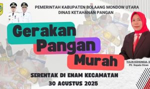 Banner kegiatan Gerakan Pangan Murah (GPM) Serentak Nasional 2025 yang akan digelar Pemerintah Kabupaten Bolaang Mongondow Utara melalui Dinas Ketahanan Pangan di enam kecamatan pada Sabtu, 30 Agustus 2025.
