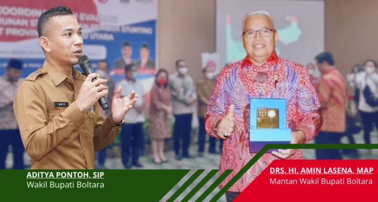 Aditya Pontoh, Wakil Bupati Bolaang Mongondow Utara, memaparkan strategi percepatan penurunan stunting, sementara Drs. Hi. Amin Lasena, MAP menerima penghargaan dalam acara yang berlangsung di Manado.