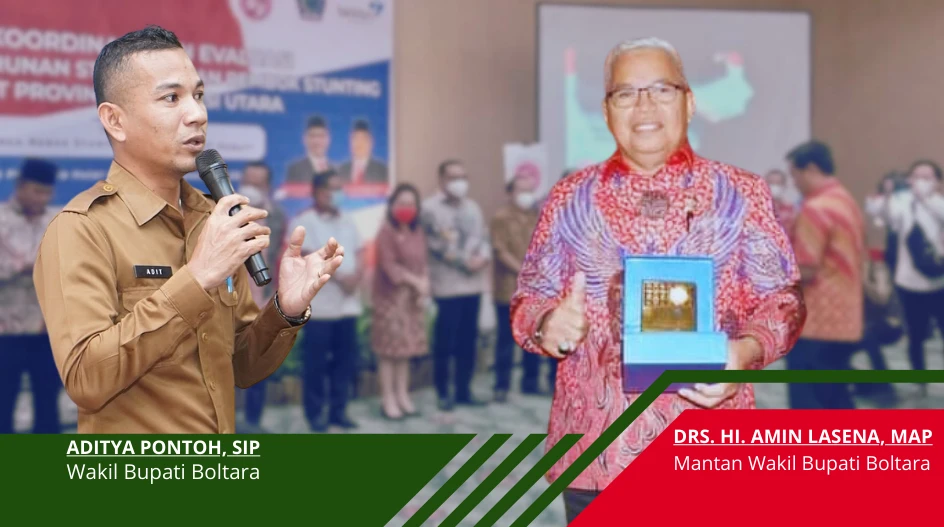 Aditya Pontoh, Wakil Bupati Bolaang Mongondow Utara, memaparkan strategi percepatan penurunan stunting, sementara Drs. Hi. Amin Lasena, MAP menerima penghargaan dalam acara yang berlangsung di Manado.