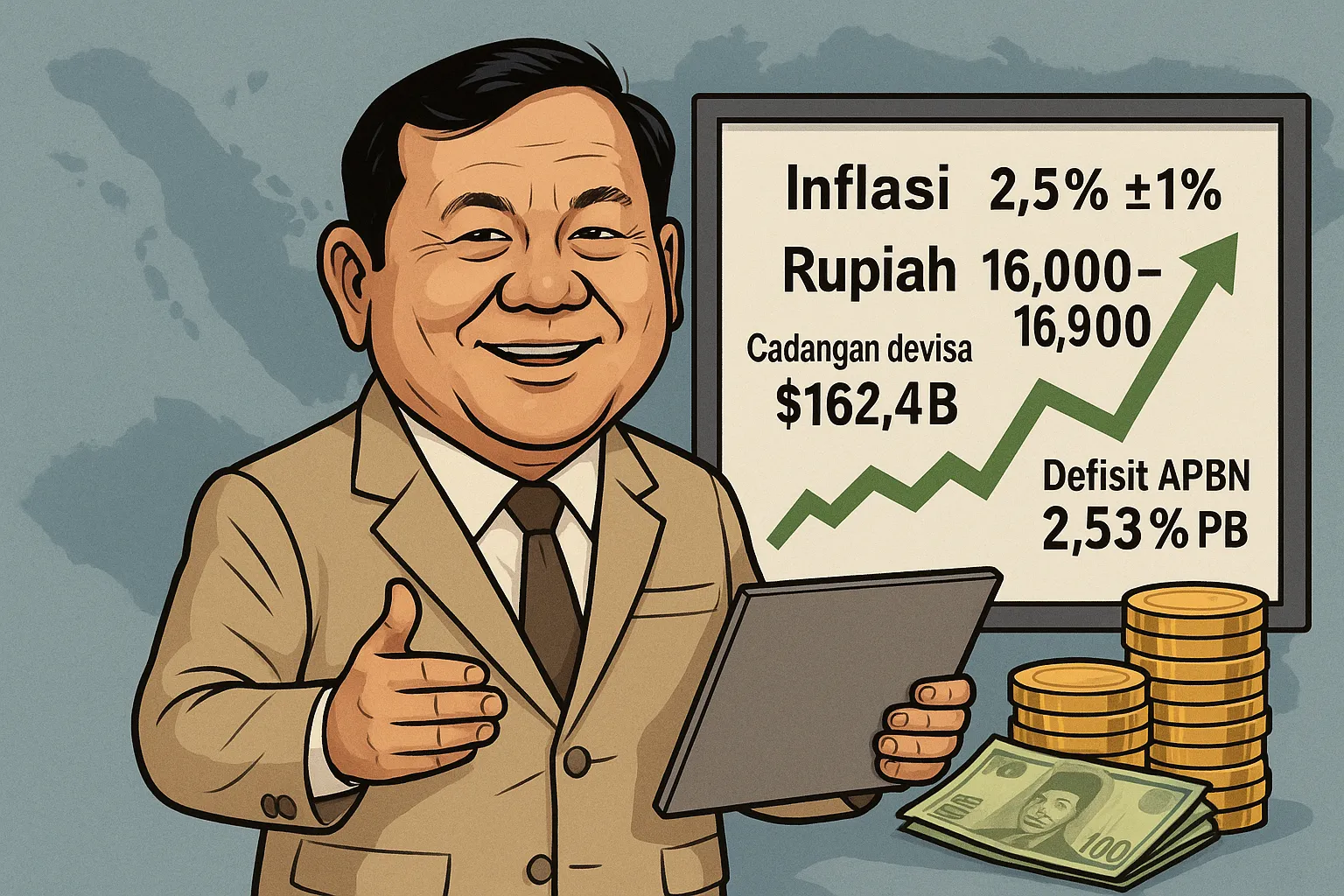 Karikatur mempresentasikan grafik dan angka ekonomi Indonesia