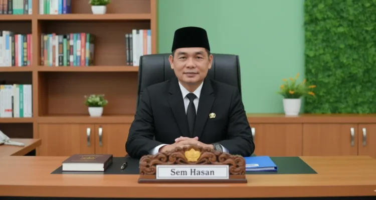 Potret resmi Sem Hasan, Anggota DPRD Boltara, duduk di meja kerjanya mengenakan jas hitam dan peci.