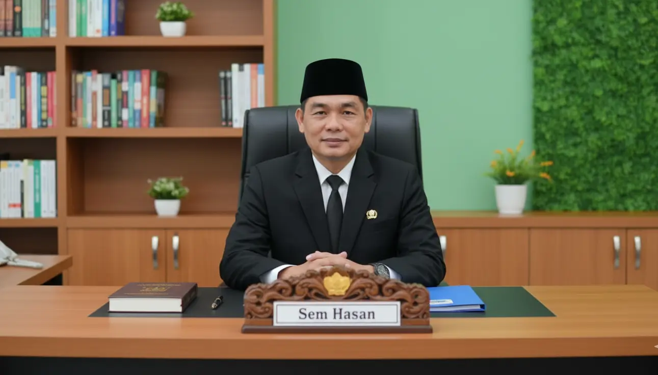 Potret resmi Sem Hasan, Anggota DPRD Boltara, duduk di meja kerjanya mengenakan jas hitam dan peci.