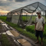 Gambar ilustrasi seorang petani berdiri lesu di depan screen house pertanian yang rusak di tengah hamparan sawah. Jalan produksi menuju lokasi tampak berlubang dan tergenang air. (Ilustrasi buatan AI)