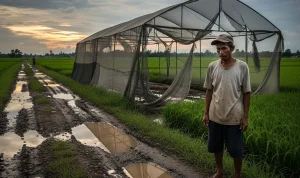 Gambar ilustrasi seorang petani berdiri lesu di depan screen house pertanian yang rusak di tengah hamparan sawah. Jalan produksi menuju lokasi tampak berlubang dan tergenang air. (Ilustrasi buatan AI)