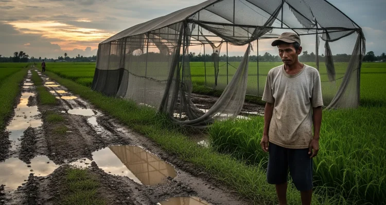 Gambar ilustrasi seorang petani berdiri lesu di depan screen house pertanian yang rusak di tengah hamparan sawah. Jalan produksi menuju lokasi tampak berlubang dan tergenang air. (Ilustrasi buatan AI)