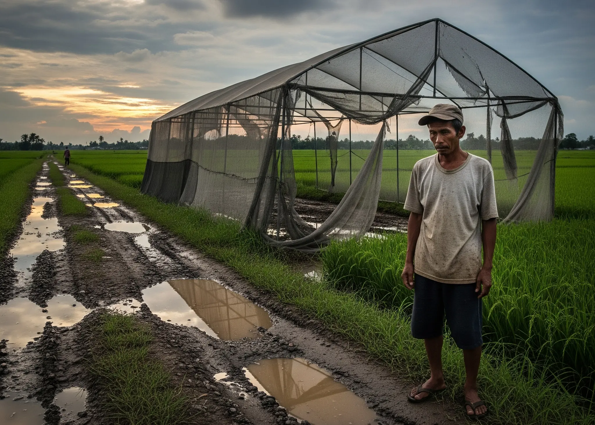 Gambar ilustrasi seorang petani berdiri lesu di depan screen house pertanian yang rusak di tengah hamparan sawah. Jalan produksi menuju lokasi tampak berlubang dan tergenang air. (Ilustrasi buatan AI)