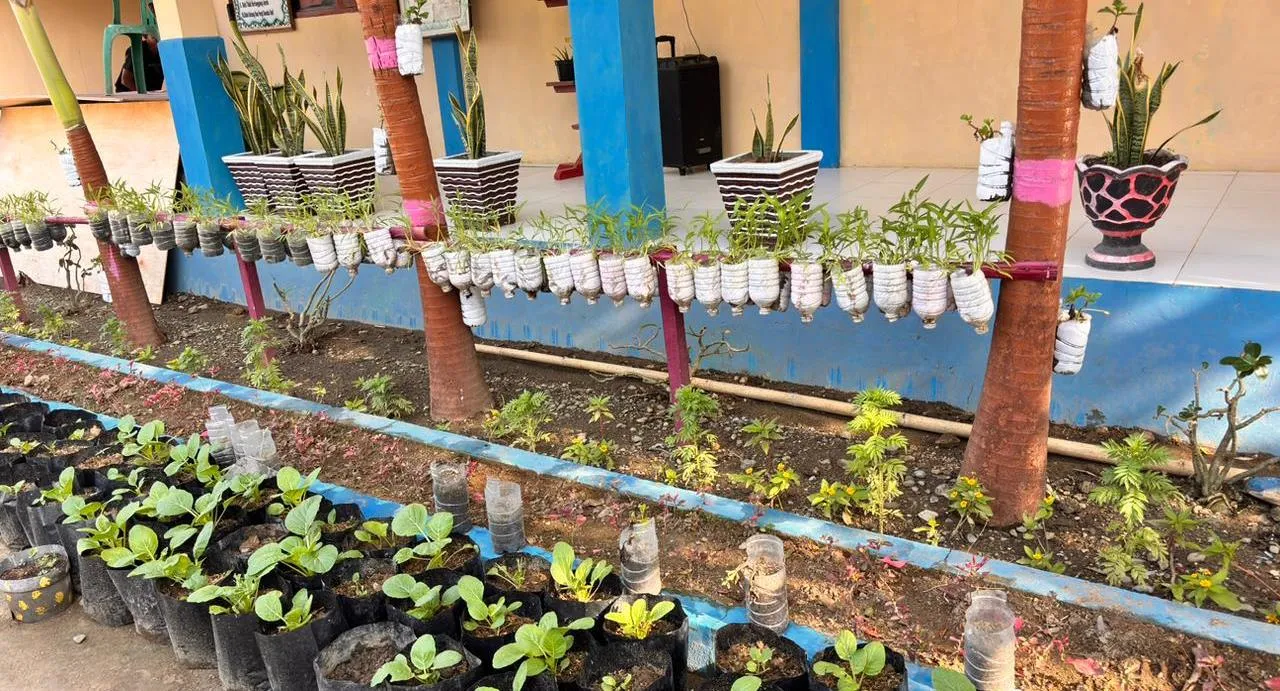 Tanaman tumbuh subur di jalur samping sekolah, memperlihatkan komitmen SMP Negeri 15 Bolmut dalam mengembangkan lingkungan sekolah hijau.