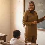 Guru SDN 3 Pinogaluman mengajar konsep koding dan kecerdasan artifisial di kelas dasar.