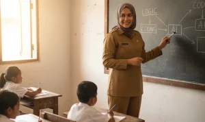 Guru SDN 3 Pinogaluman mengajar konsep koding dan kecerdasan artifisial di kelas dasar.