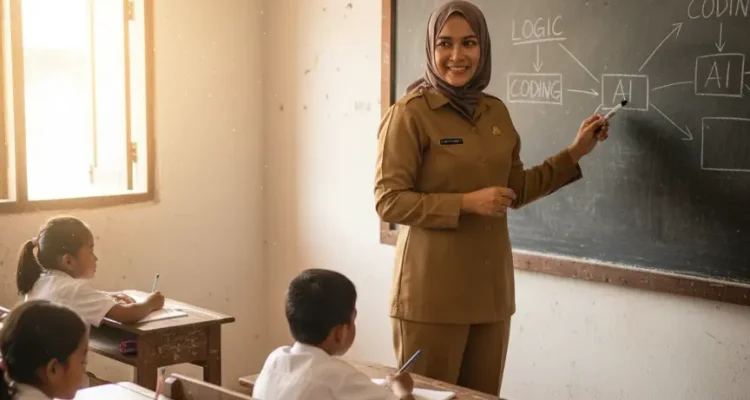 Guru SDN 3 Pinogaluman mengajar konsep koding dan kecerdasan artifisial di kelas dasar.
