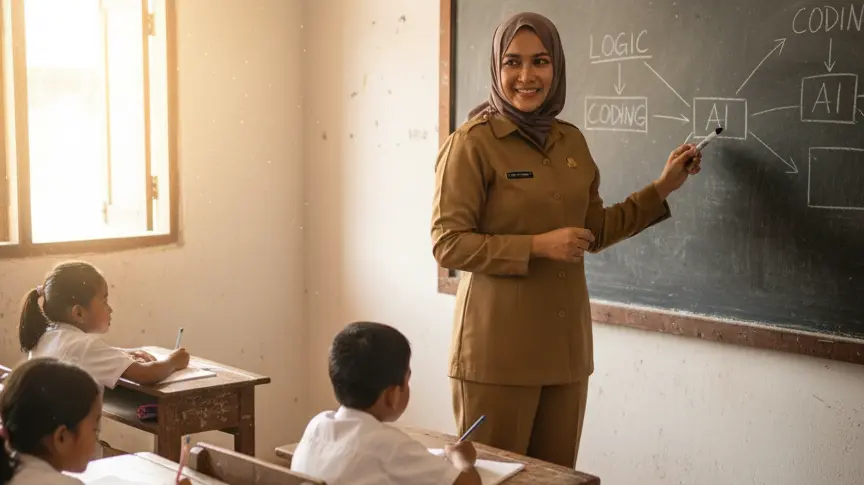 Guru SDN 3 Pinogaluman mengajar konsep koding dan kecerdasan artifisial di kelas dasar.