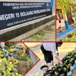 Halaman SMP Negeri Satap 15 Bolmut dengan taman hijau, pot tanaman, serta siswa dan guru yang aktif merawat kebun sekolah untuk program Adiwiyata 2025.