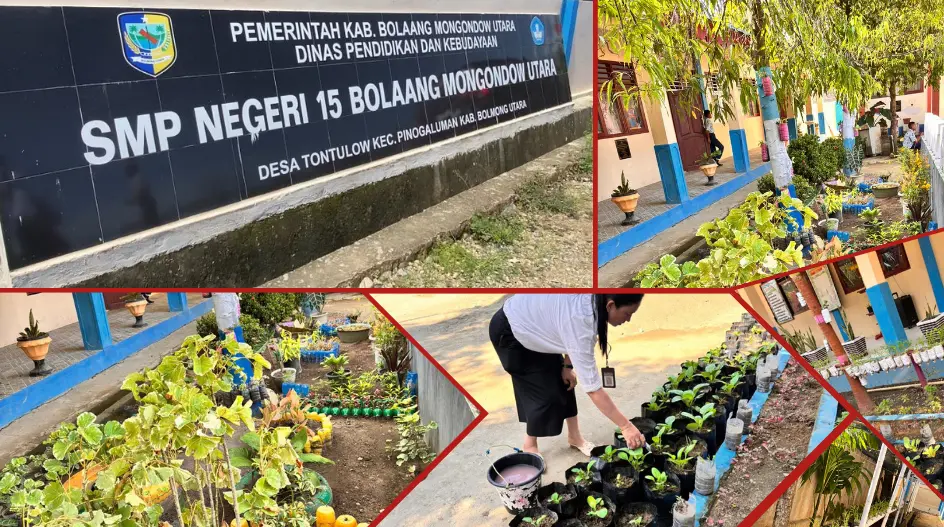Halaman SMP Negeri Satap 15 Bolmut dengan taman hijau, pot tanaman, serta siswa dan guru yang aktif merawat kebun sekolah untuk program Adiwiyata 2025.