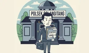 Ilustrasi karikatur seorang petugas membawa berkas klarifikasi terkait polemik BPKB di depan Polsek Bolangitang.