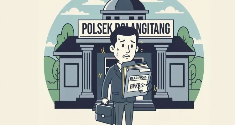 Ilustrasi karikatur seorang petugas membawa berkas klarifikasi terkait polemik BPKB di depan Polsek Bolangitang.