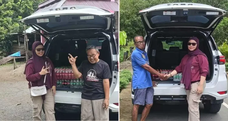 Ketua Fraksi PDI Perjuangan DPRD Kabupaten Bolaang Mongondow Utara, Dewi Zandra Astuti Mondo, menyerahkan diakonia Natal berupa paket kebutuhan pokok kepada warga di Kecamatan Kaidipang dan Pinogaluman, Kamis, (19/12/2025), sebagai bentuk kepedulian sosial menyambut perayaan Natal.