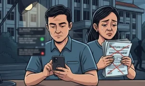 Ilustrasi pelaku UMKM Boltara memegang berkas bantuan yang dicoret, sementara seorang jurnalis mencoba menghubungi pejabat yang tidak merespons.