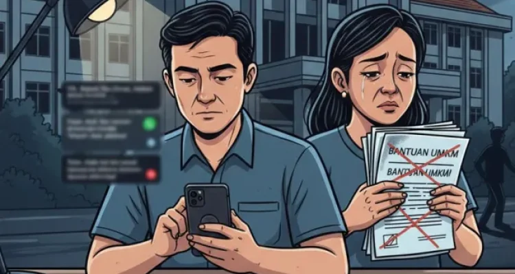 Ilustrasi pelaku UMKM Boltara memegang berkas bantuan yang dicoret, sementara seorang jurnalis mencoba menghubungi pejabat yang tidak merespons.