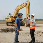Ilustrasi situasi ketegangan di lokasi proyek pembangunan, seorang pria menunjuk dengan telunjuk ke arah pengawas lapangan yang mengenakan helm dan rompi keselamatan.