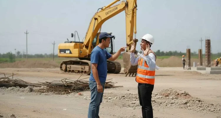 Ilustrasi situasi ketegangan di lokasi proyek pembangunan, seorang pria menunjuk dengan telunjuk ke arah pengawas lapangan yang mengenakan helm dan rompi keselamatan.