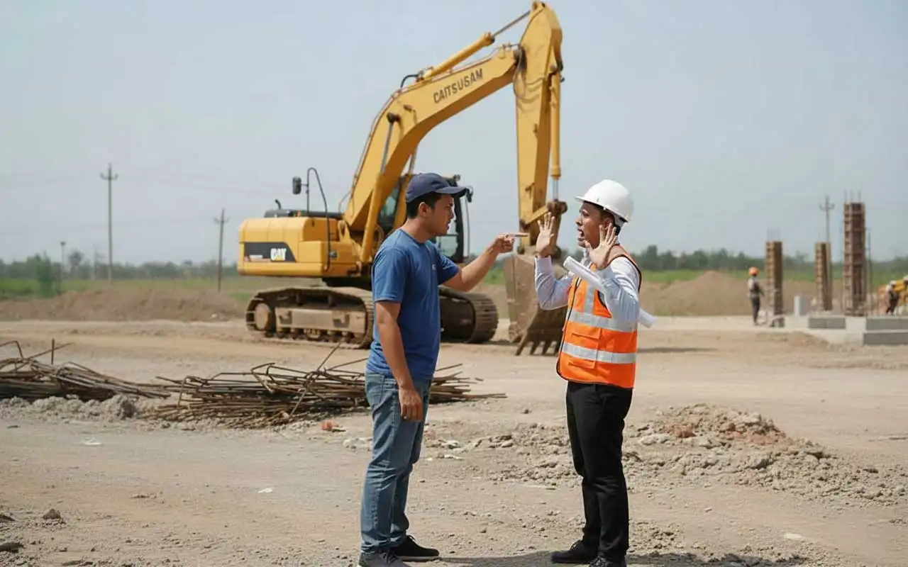 Ilustrasi situasi ketegangan di lokasi proyek pembangunan, seorang pria menunjuk dengan telunjuk ke arah pengawas lapangan yang mengenakan helm dan rompi keselamatan.