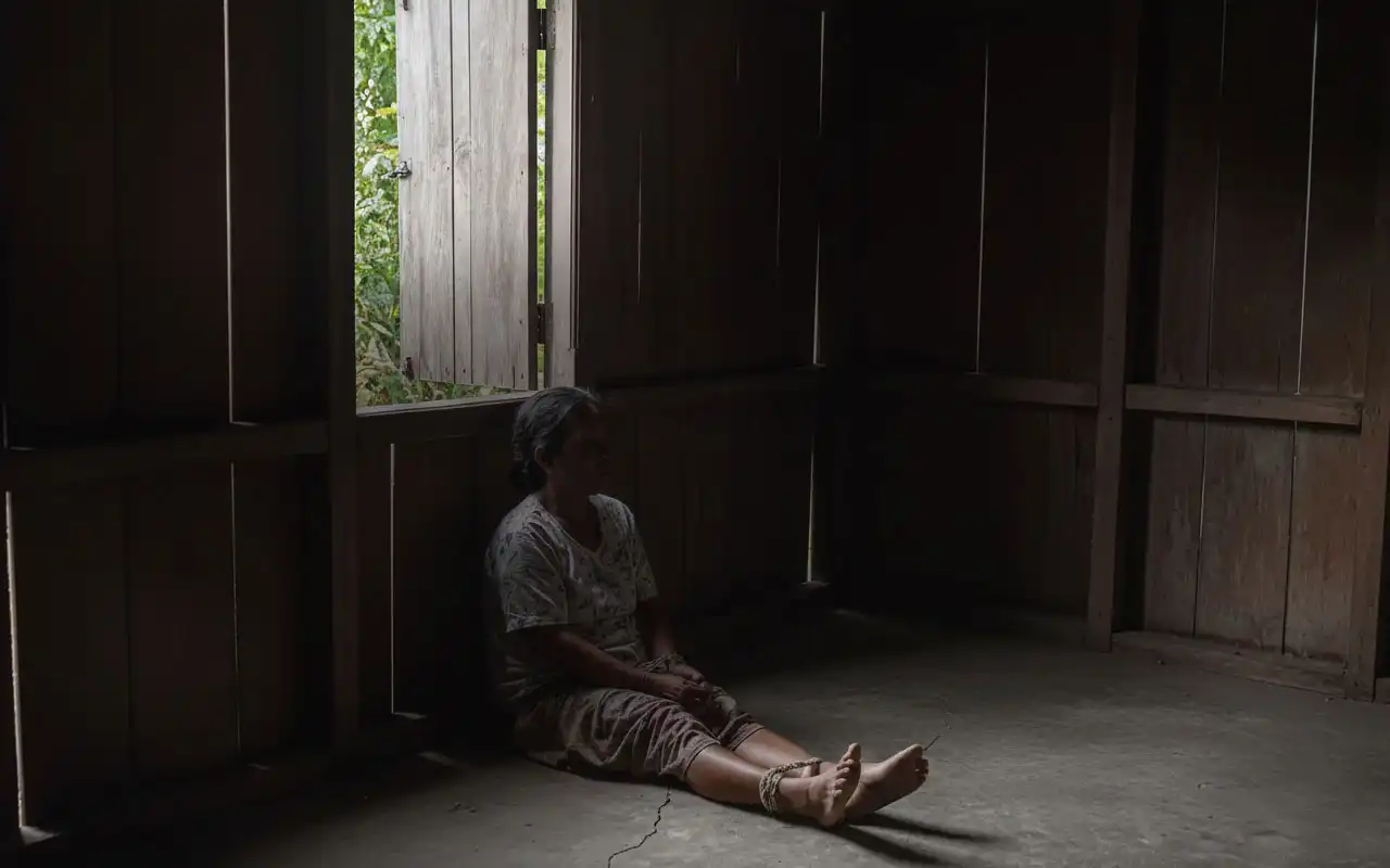 Perempuan duduk di lantai rumah kayu dengan kaki terikat kain, sementara seorang petugas mendekatinya untuk melihat kondisi.