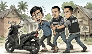 Karikatur penangkapan terduga maling motor oleh Tim Resmob Polres Bolmut di Desa Pangian dengan barang bukti Honda Beat hitam tanpa TNKB.