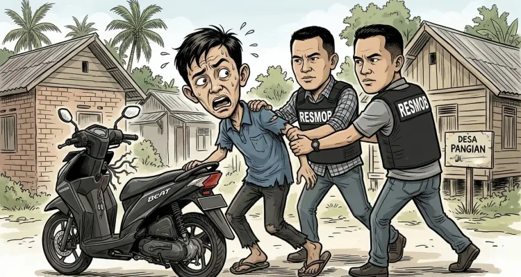Karikatur penangkapan terduga maling motor oleh Tim Resmob Polres Bolmut di Desa Pangian dengan barang bukti Honda Beat hitam tanpa TNKB.