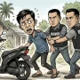 Karikatur penangkapan terduga maling motor oleh Tim Resmob Polres Bolmut di Desa Pangian dengan barang bukti Honda Beat hitam tanpa TNKB.