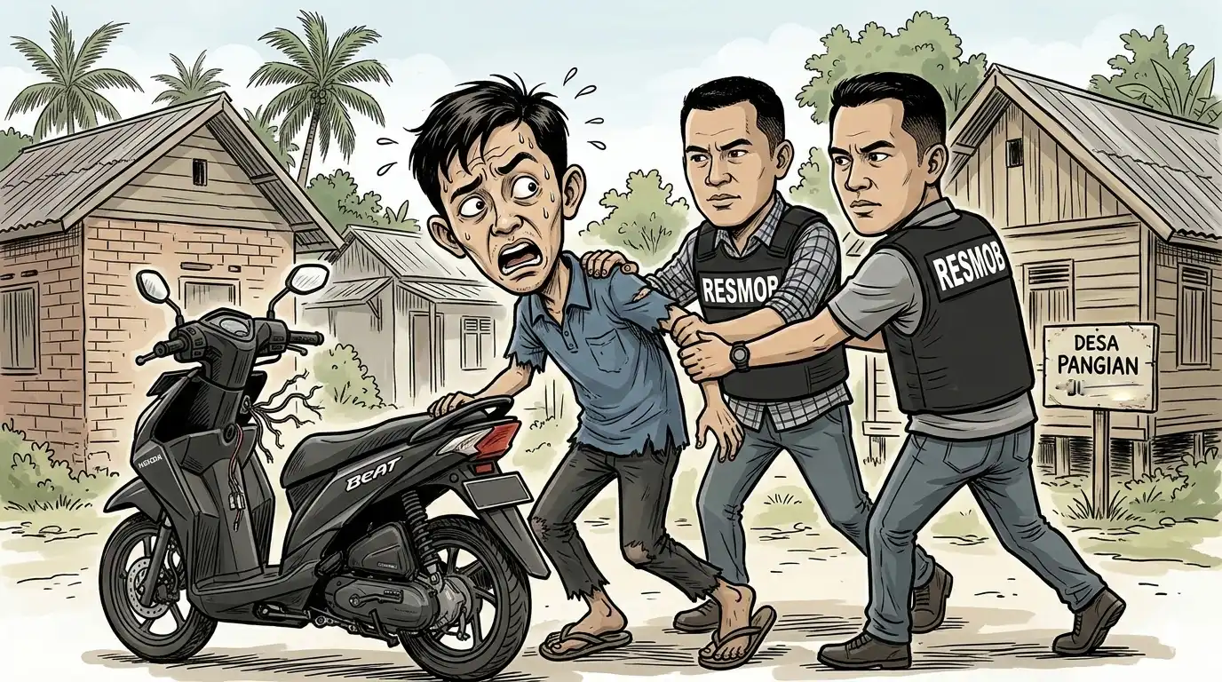 Karikatur penangkapan terduga maling motor oleh Tim Resmob Polres Bolmut di Desa Pangian dengan barang bukti Honda Beat hitam tanpa TNKB.