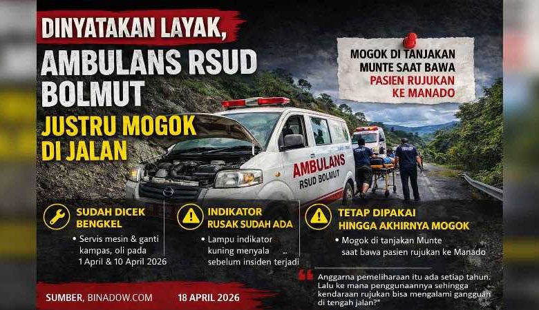 Ambulans RSUD Bolaang Mongondow Utara mogok di tanjakan Munte saat membawa pasien rujukan ke Manado meski sebelumnya dinyatakan layak pakai