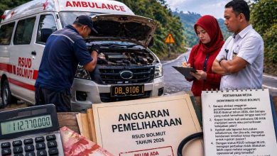 Ilustrasi ambulans RSUD Bolmut mogok di jalan dengan sorotan anggaran pemeliharaan dan dokumen keuangan