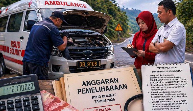 Ilustrasi ambulans RSUD Bolmut mogok di jalan dengan sorotan anggaran pemeliharaan dan dokumen keuangan