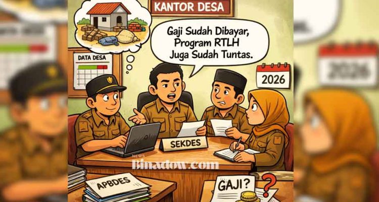 Ilustrasi aparat desa bekerja di kantor desa dalam pengelolaan administrasi dan pelayanan publik