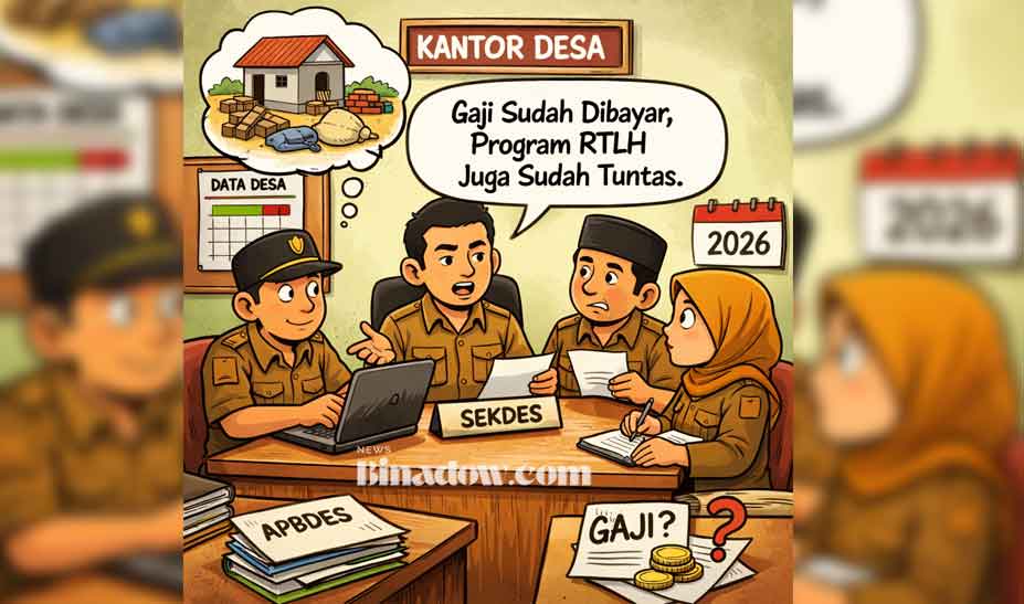 Ilustrasi aparat desa bekerja di kantor desa dalam pengelolaan administrasi dan pelayanan publik