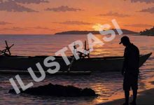 Ilustrasi siluet warga dan petugas di pantai dekat perahu nelayan serta penanganan jenazah di ruang medis di Bintauna.