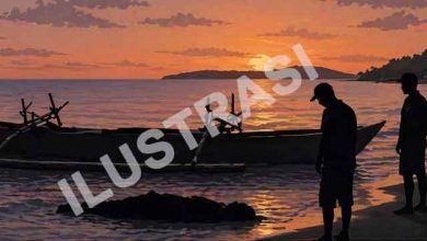 Ilustrasi siluet warga dan petugas di pantai dekat perahu nelayan serta penanganan jenazah di ruang medis di Bintauna.