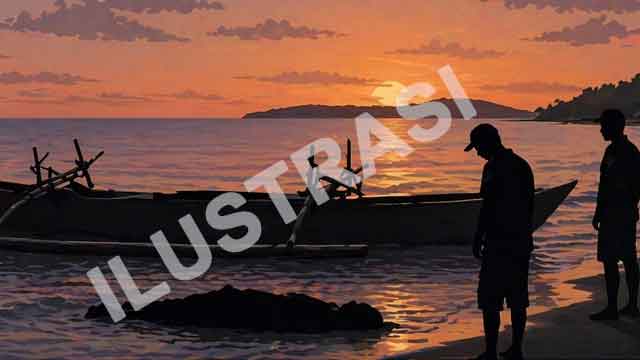 Ilustrasi siluet warga dan petugas di pantai dekat perahu nelayan serta penanganan jenazah di ruang medis di Bintauna.